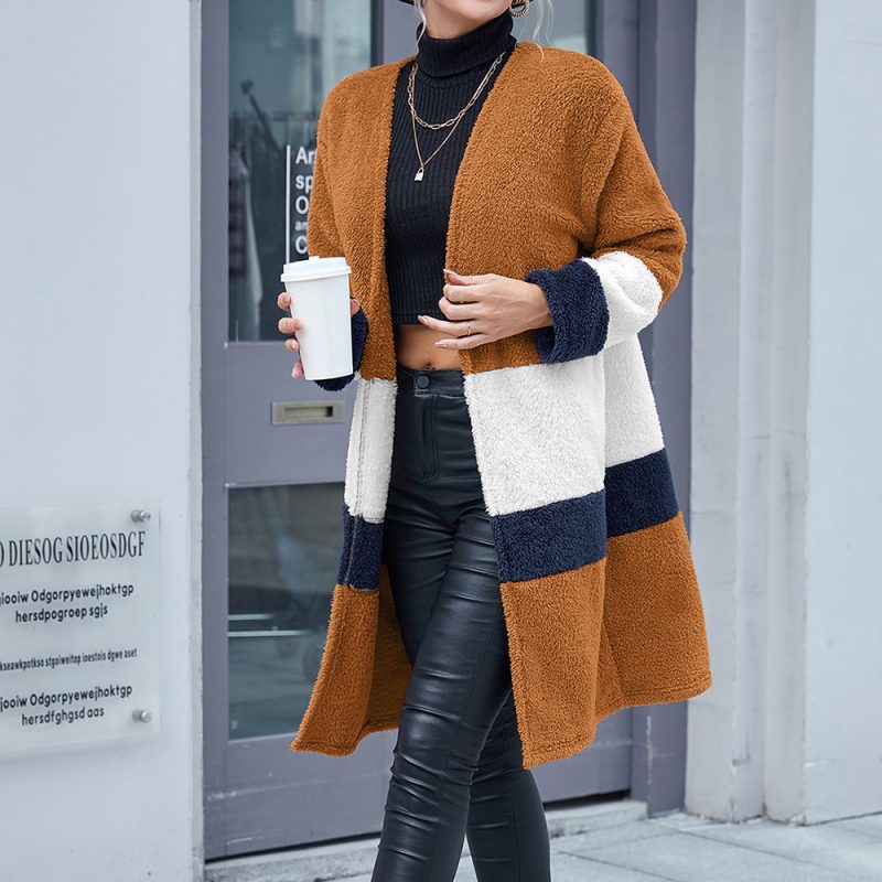 Double Sided Fur Colorblock Mid Length Cardigan Trench Coat - Image 2
