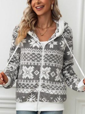 Christmas Printed Plush Hooded Cardigan for Women in Autumn/Winter