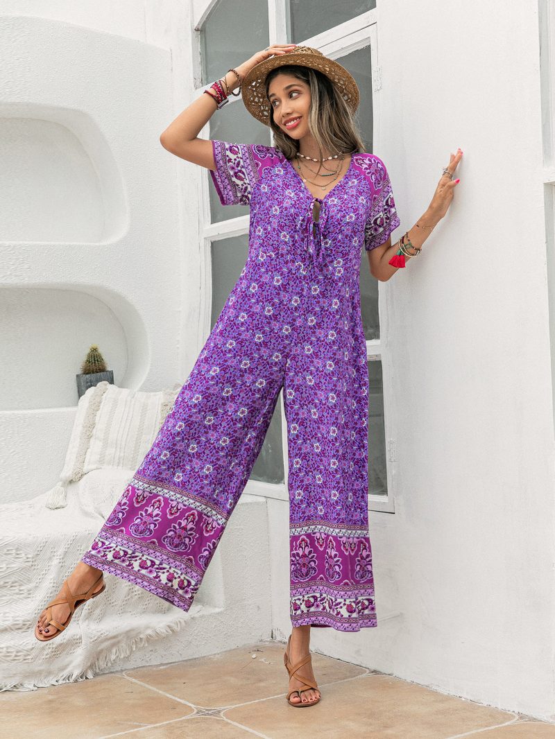 Purple Printed Wide-Leg Short Sleeve Women's Jumpsuit" - Image 3