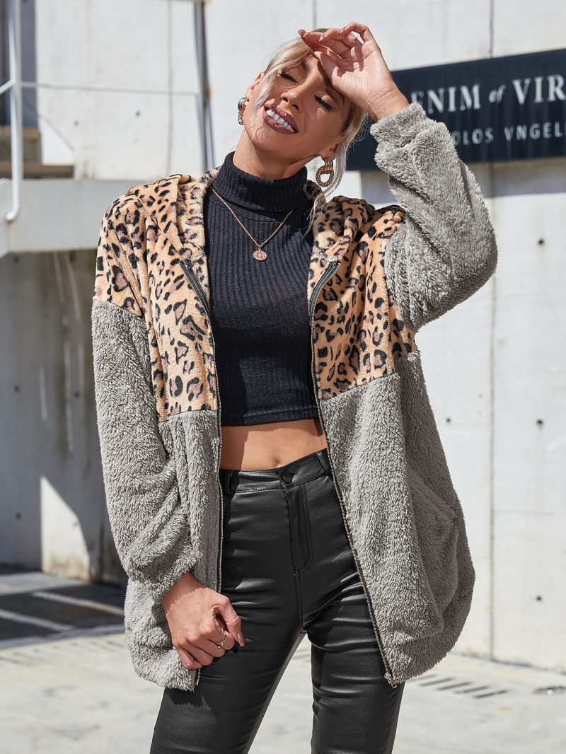 Leopard Splicing Double-Sided Fleece Hooded Cardigan - Image 3