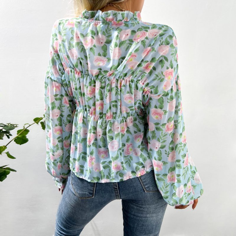 Wooden Ear Charm: Bell Sleeve Floral Chiffon Shirt for Autumn/Winter - Image 3