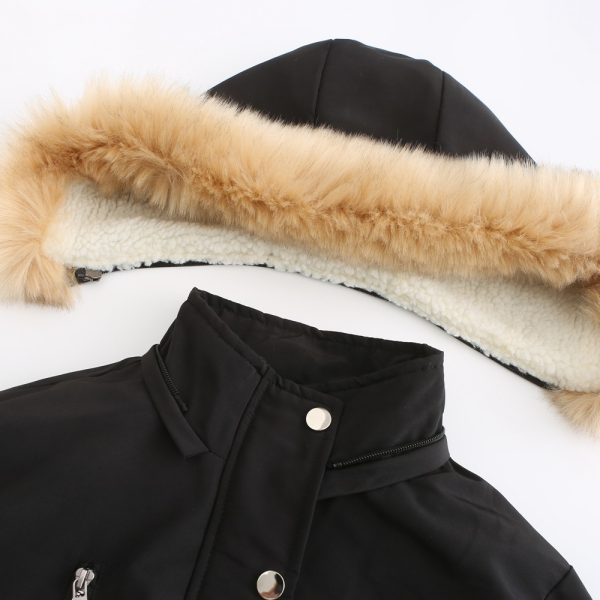 Thick Lambskin Cotton-Padded Coat with Removable Hat for Women - Image 3