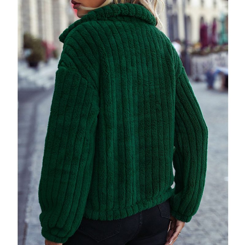 Collared Vertical Bar Half Zipper Plush Sweatshirt - Image 4