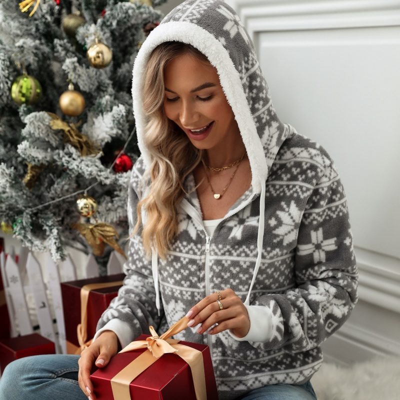 Christmas Printed Plush Hooded Cardigan for Women in Autumn/Winter - Image 4