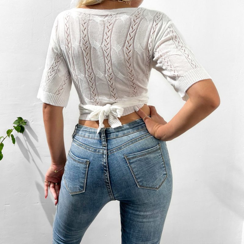 Single-Breasted V-Neck Bow Top for Spring/Summer - Image 3