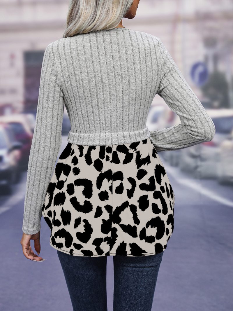 Leopard Splicing Long Sleeve Round Neck T-Shirt - Image 3