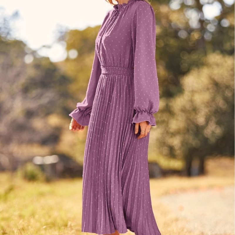 Fall Long Sleeve V-Neck Swiss Polka Dot Maxi Dress for Women - Image 3