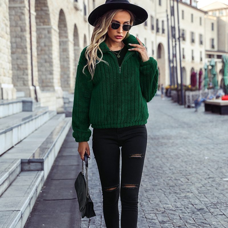 Collared Vertical Bar Half Zipper Plush Sweatshirt - Image 2