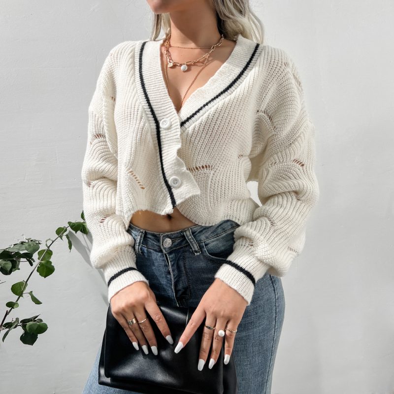 Knitwear V neck Single Breasted Crocheted Sweater - Image 3