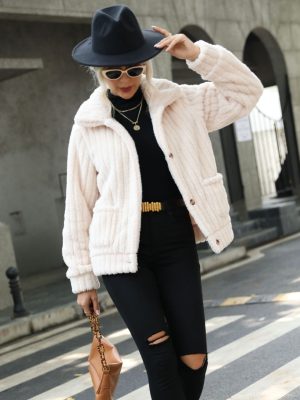 Women’s Single-Breasted Striped Plush Coat