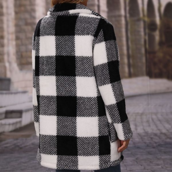 Women's Collared Plaid Zipper Plush Casual Long Coat - Image 4