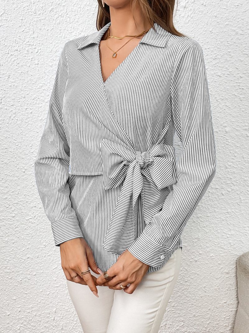 Women's Clothing Vertical Stripes Slimming Bundle Long-Sleeved Shirt - Image 6