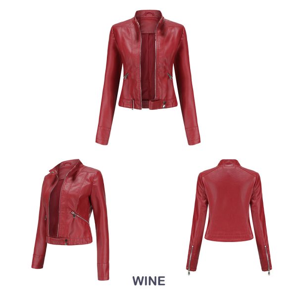 Short Leather Jacket for Women with Stand Collar - Image 6