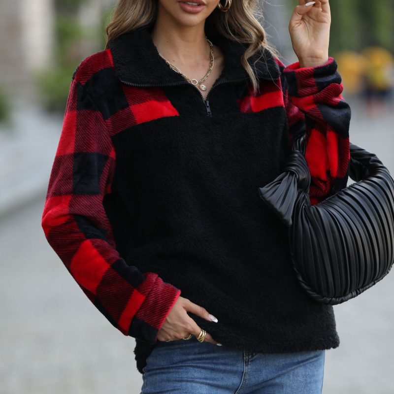 Half Long Sleeve Plush Zipper Pullover - Image 2