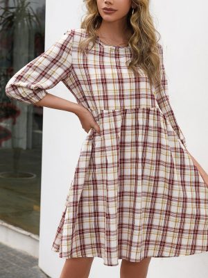 Loose Plaid Round Neck Printed Dress