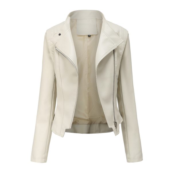 Slim-Fit Faux Leather Collared Coat for Women - Image 2