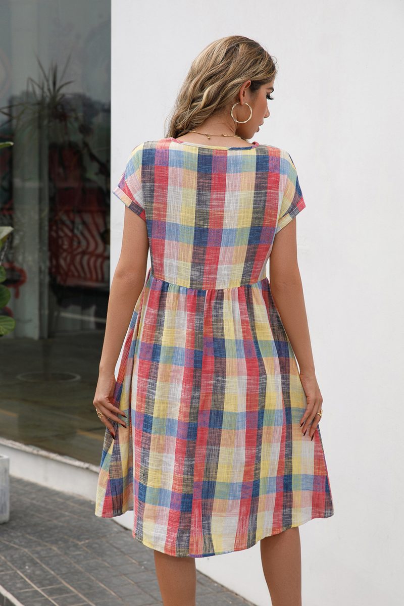 Casual Plaid Round Neck Short Sleeve Midi Dress - Image 6