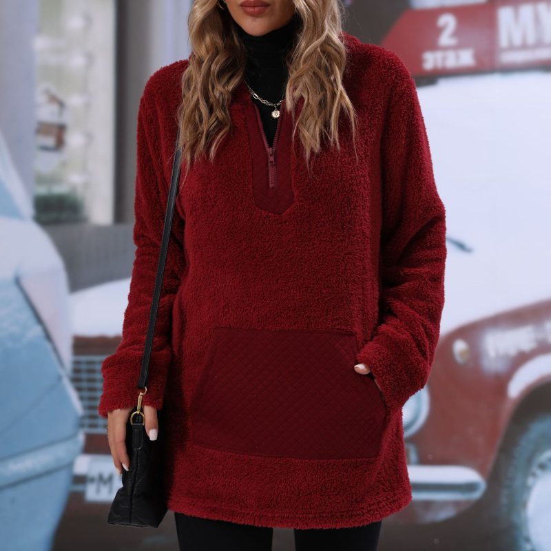 Hooded Zip Stitching Plush Sweatshirt - Image 2