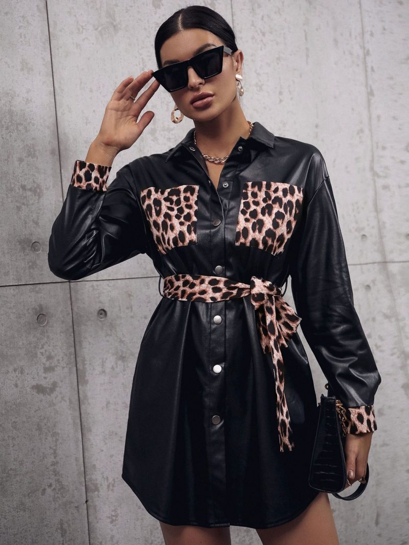 Print Splicing Mid-Length Faux Leather Trench Coat - Image 4