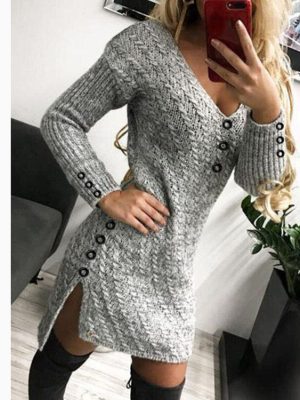 Elegant V-Neck Mid-Length Sweater Dress