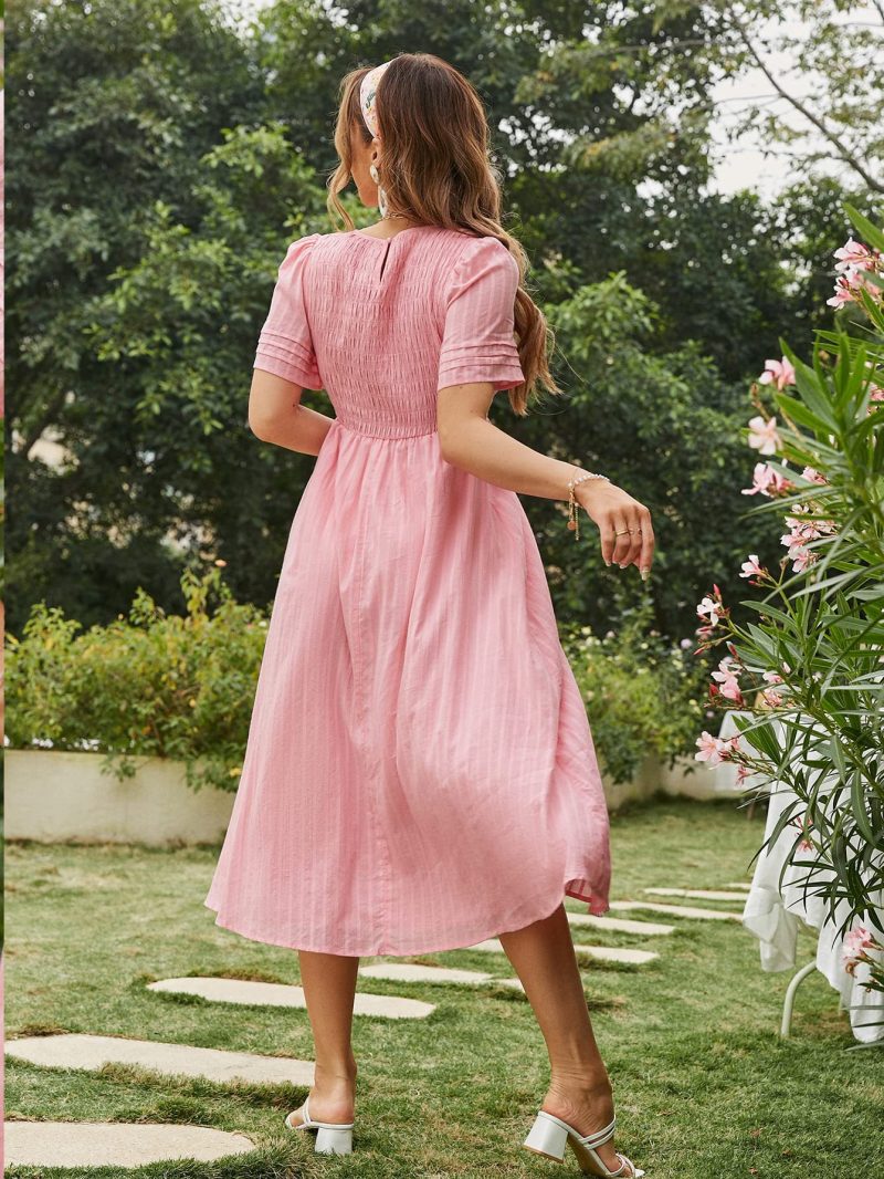 Summer Short Sleeve Pleated Mid-Length Dress for Women - Image 3