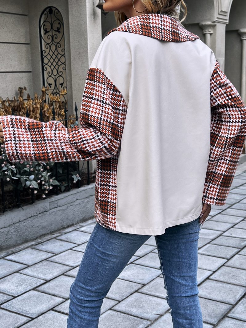 Plaid Single-Breasted Jacket Coat with Leather Stitching - Image 2
