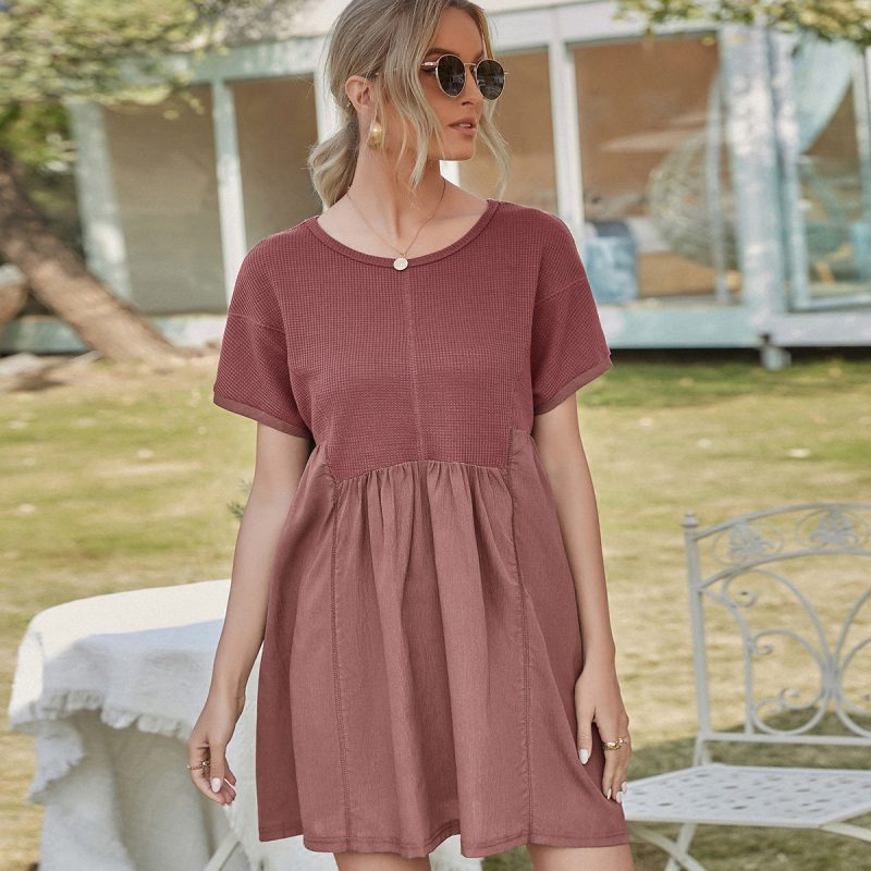 Waffle Stitching A-Line Short-Sleeved Loose Dress - Image 2