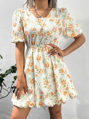 Printed Dress with Puff Sleeves for Women in Summer