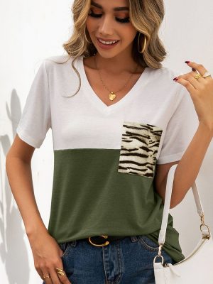 Casual V-Neck Leopard Print Short Sleeve T-Shirt for Women