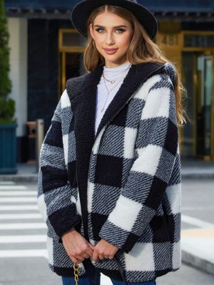 Warm Plaid Buckle-Free Hooded Cardigan