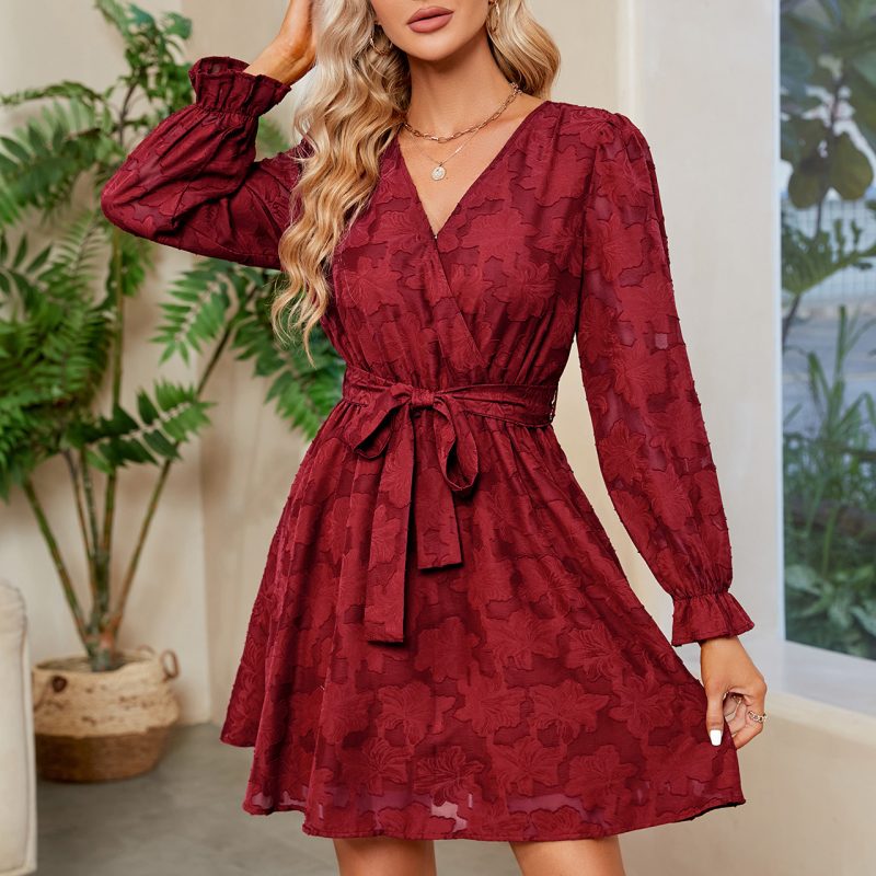 V-Neck Long Sleeve Cocktail Party Dress with Waist Belt - Image 2