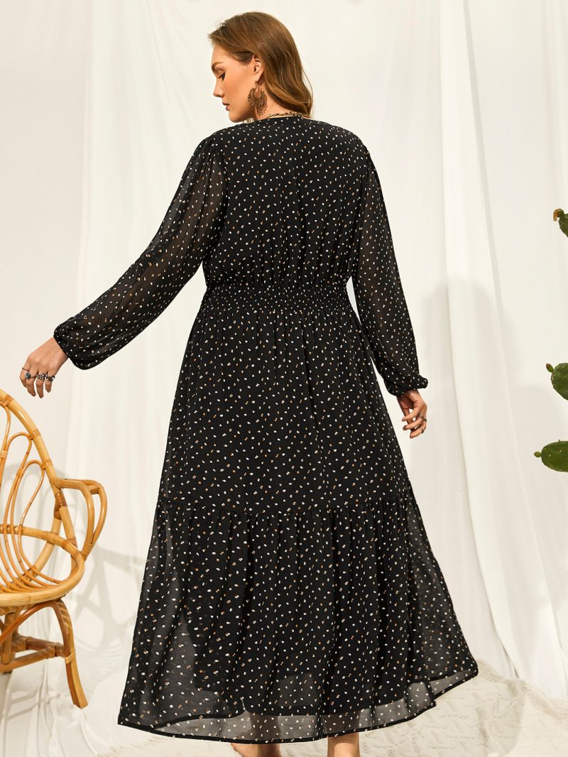 Plus Size V-Neck Polka Dot Embroidered Lantern Sleeve Dress - Image 2