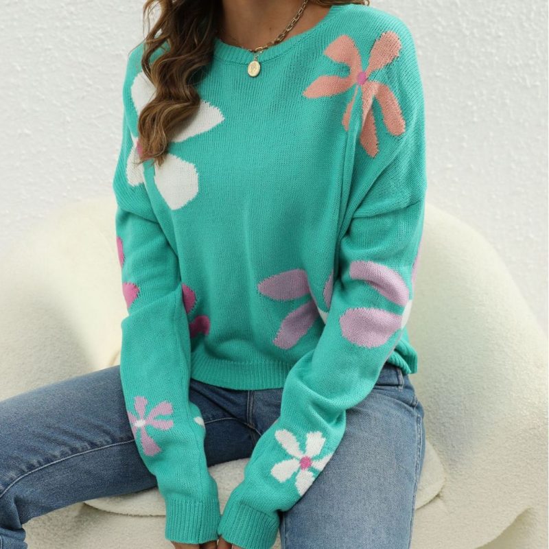 Contrast Floral Jacquard Sweater - Image 3
