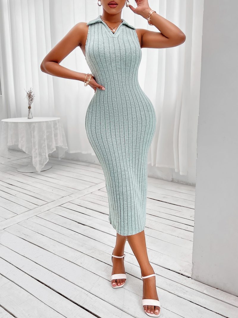 Solid Color Collared Sleeveless Dress - Image 5