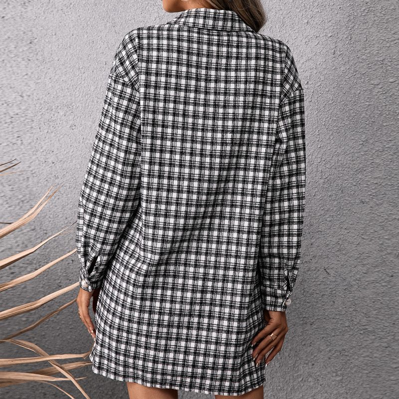 Casual Single Breasted Mid Length Plaid Shacket Shirt Dress - Image 3