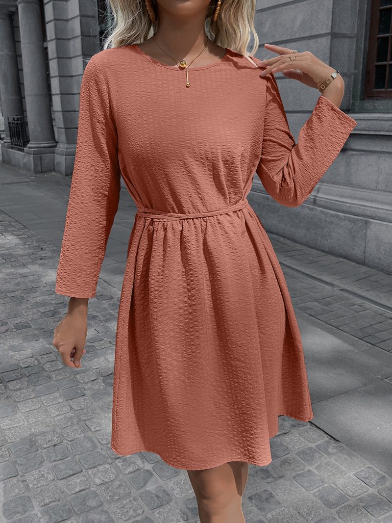 Solid Color Waist-Trimming Long Sleeve Dress - Image 3