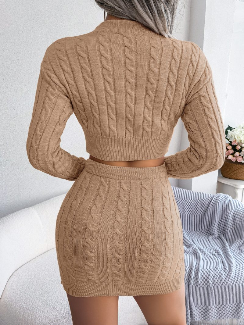 Casual Twist Cropped Sweater Hip Skirt Knit Suit - Image 4