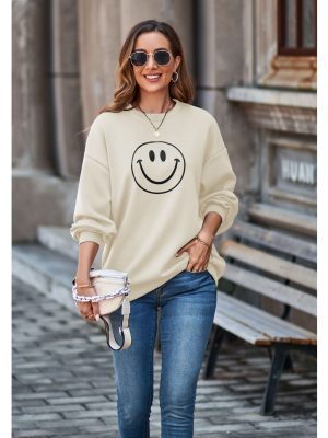 Smiley Sweatshirt with Round Neck and Drop Shoulder for Autumn/Winter