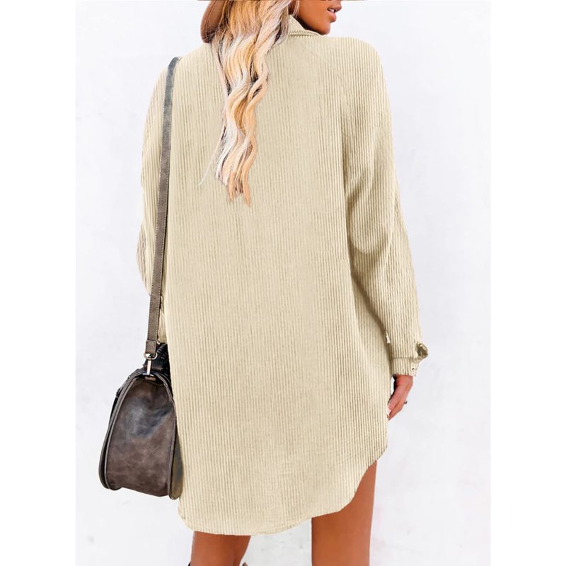 Long-Sleeved Oversized Corduroy Shirt Dress with Button Detail for Women - Image 3