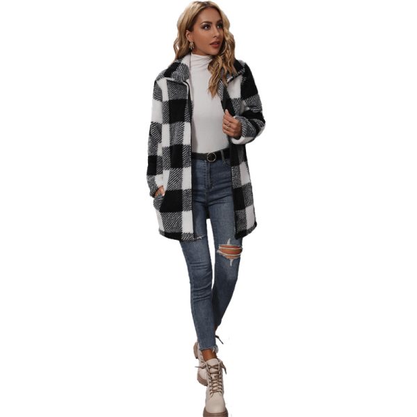 Women's Collared Plaid Zipper Plush Casual Long Coat - Image 5