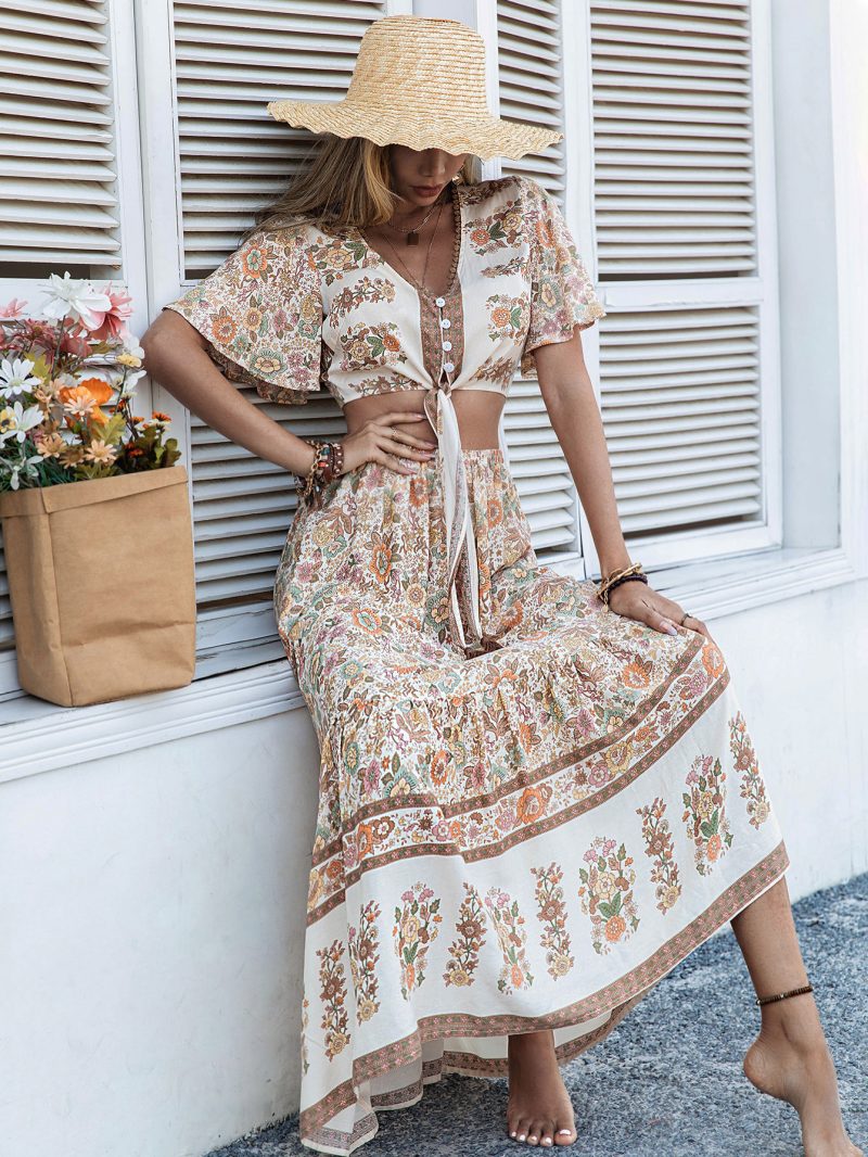 Yellow Cropped Outfit with Printed Lace-Up Mid-Length Skirt Set - Image 5
