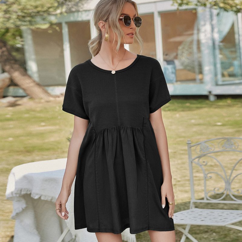 Waffle Stitching A-Line Short-Sleeved Loose Dress - Image 3