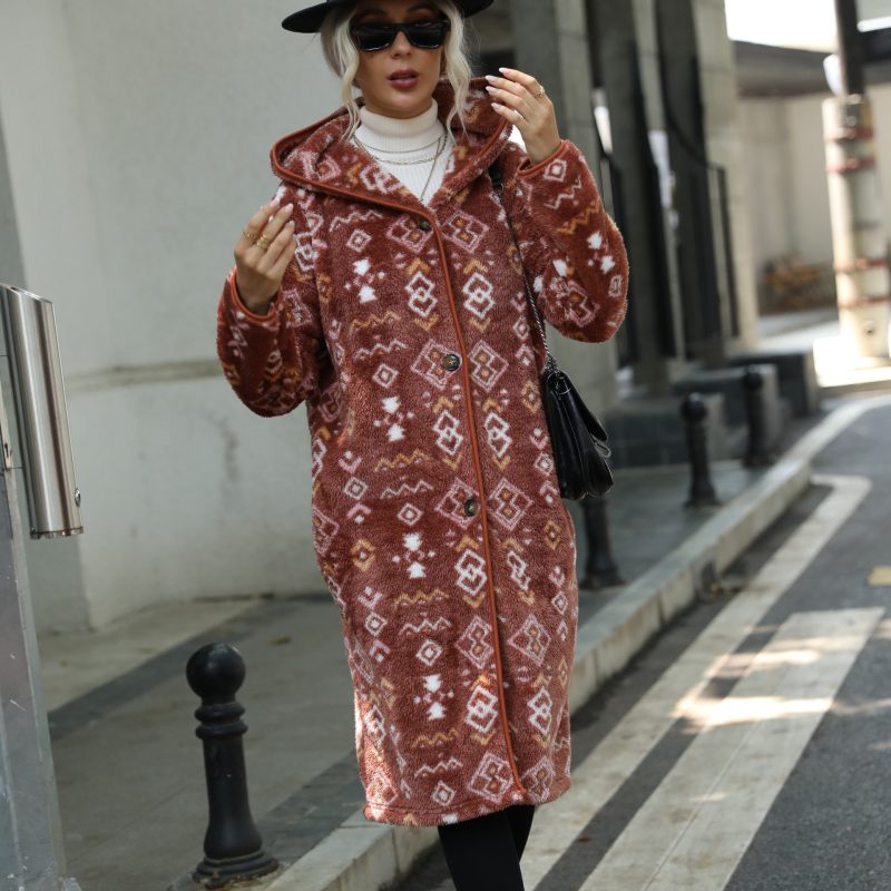 Hooded Geometric Abstract Plush Coat - Image 2