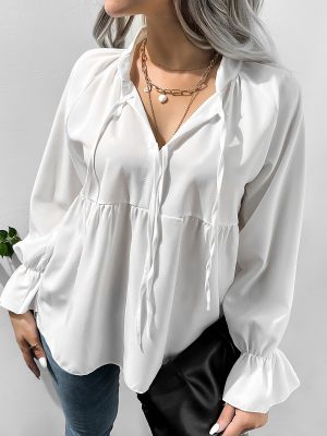 White Bell Sleeve Shirt with Bow for Autumn/Winter