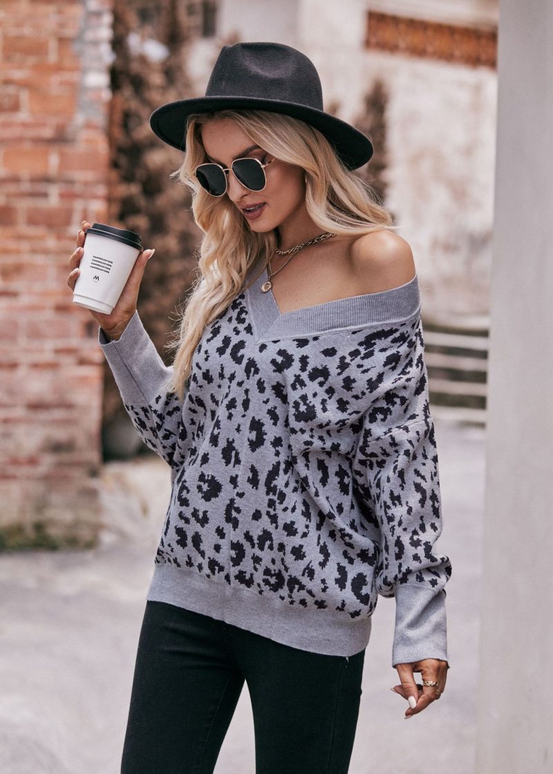 Leopard Print V-Neck Off-Shoulder Sweater - Image 2