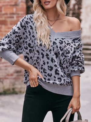 Leopard Print V-Neck Off-Shoulder Sweater