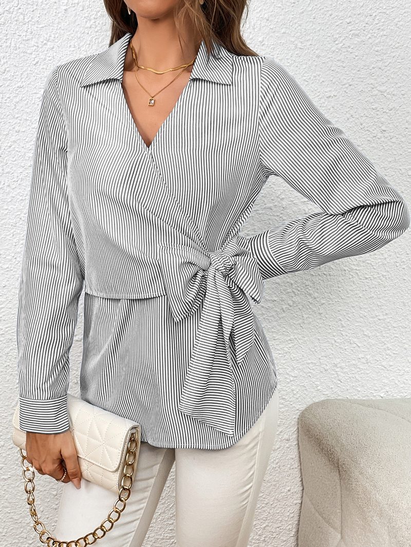 Women's Clothing Vertical Stripes Slimming Bundle Long-Sleeved Shirt - Image 7