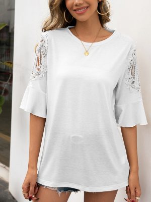 Casual Round Neck Lace Stitching Half Sleeve Shirt for Women