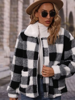 Fall Women’s Collared Zip Plaid Plush Casual Jacket