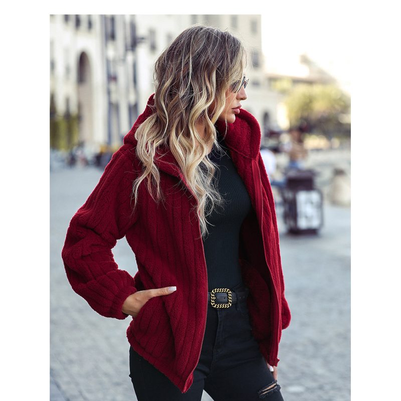 Hooded Sunken Stripe Zipper Plush Jacket - Image 2
